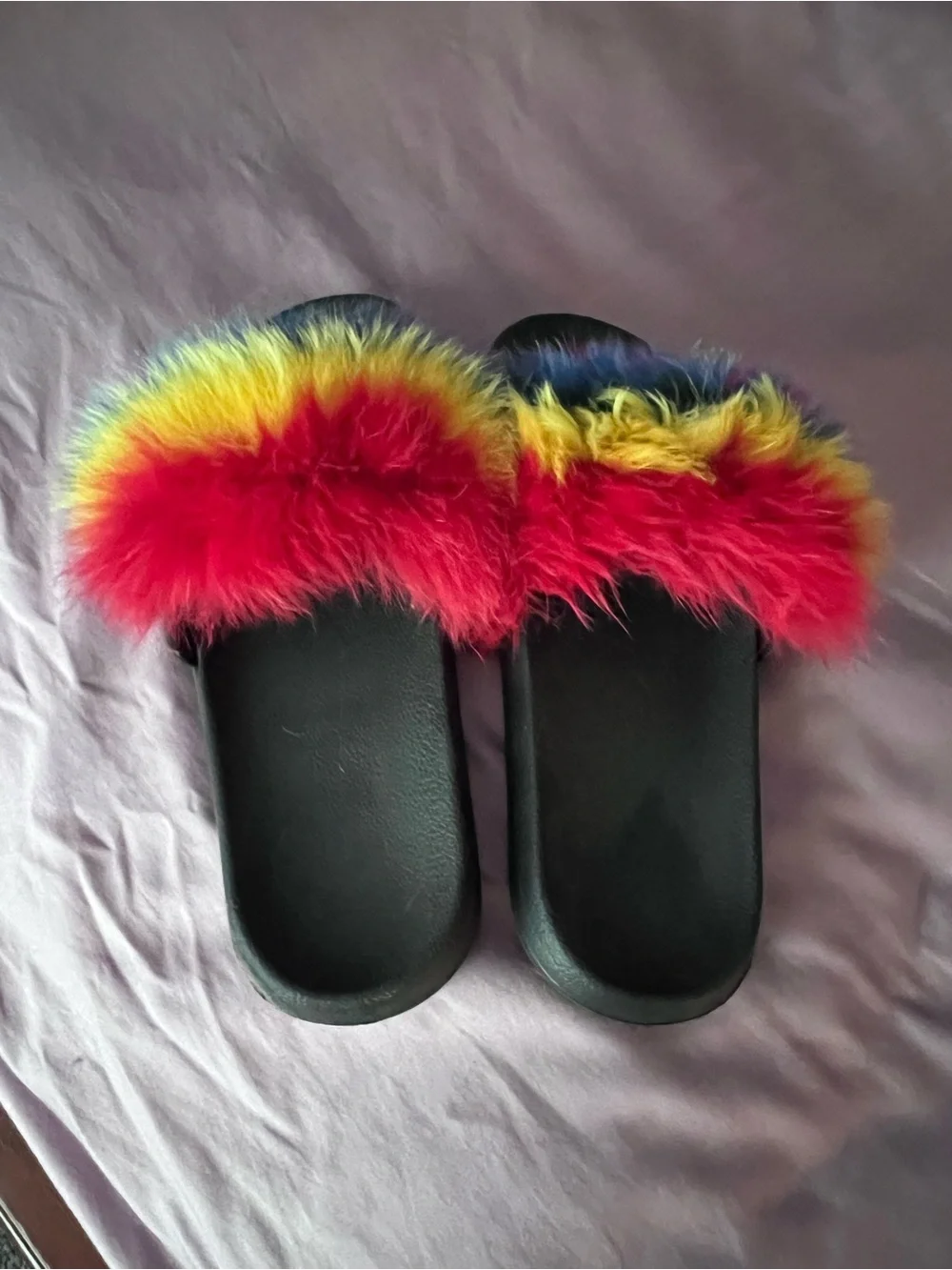 Rainbow Faux Fur Slide Sandals - Black Base